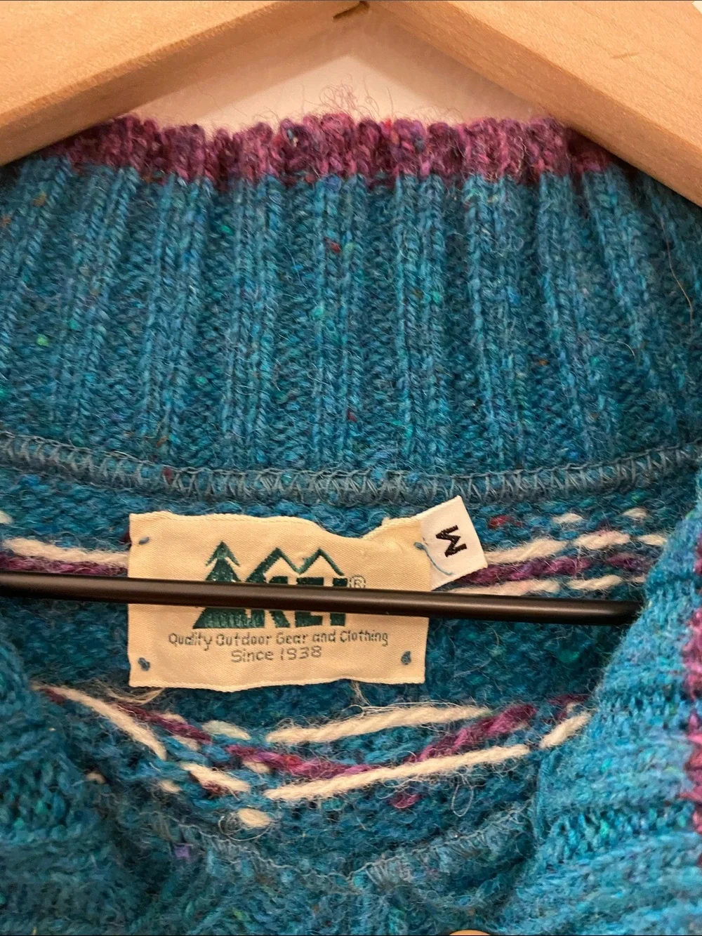 Vintage REI Teal Blue Wool Knit Turtleneck Sweater with Maroon Trim